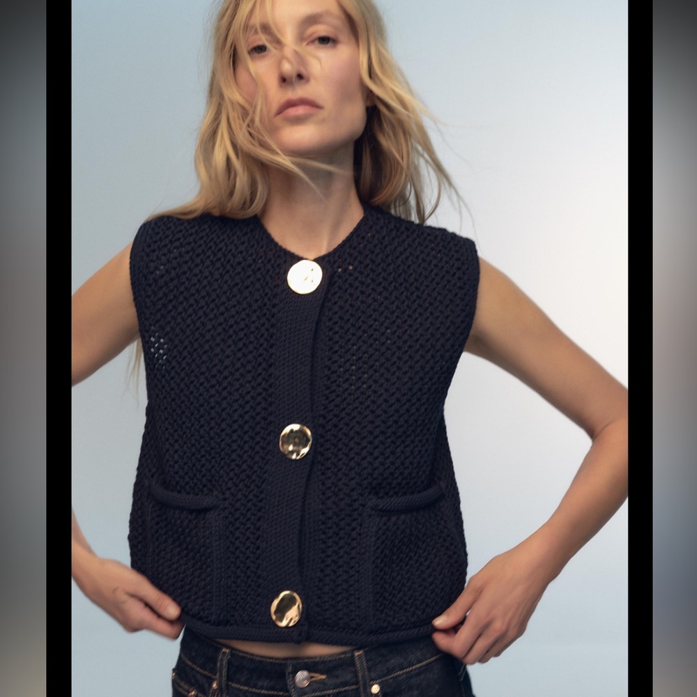 Zara Black Chunky Knit Sleeveless Vest with Gold Buttons